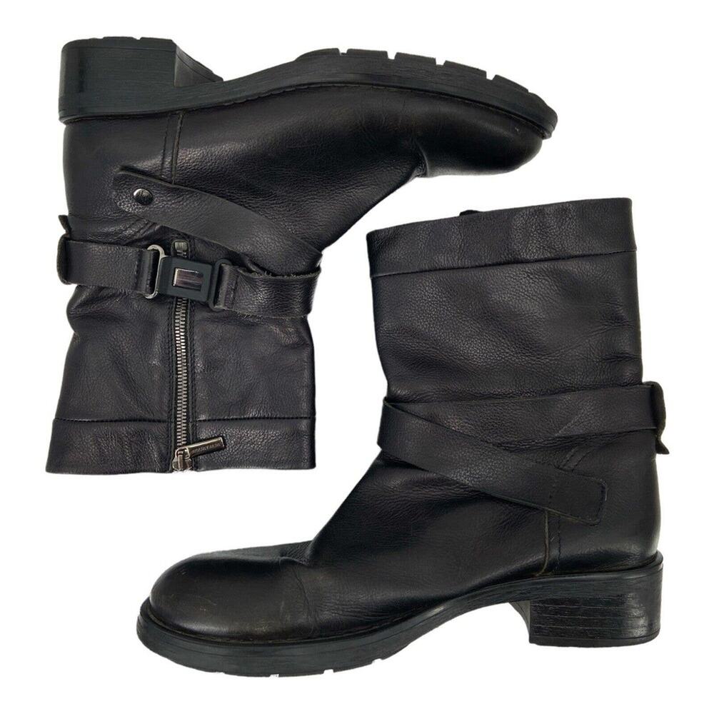 Aquatalia Sami Weatherproof Side Zip Biker Boot Buckled Harness Strap Black 9.5